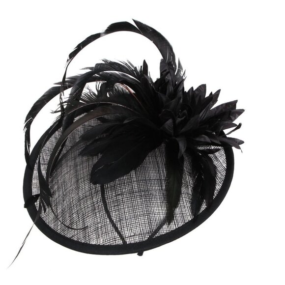 Sinamay Dipped Disk Fascinator Hat Headpeice Party Wedding Black Feather Flower - Picture 6 of 7